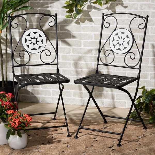 Baxton Studio Julius Contemporary Black Finished Metal and Multi-Colored Glass Outdoor Dining Chair, PK2 206-2PC-12129